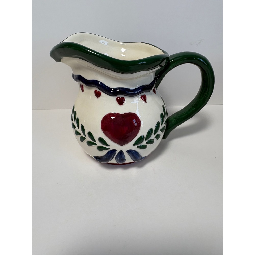 CBK LTD 1998 Vintage Ceramic Heart Vine Pitcher Creamer Green Red Folk Art Decor